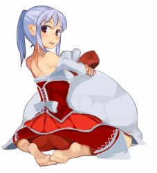 Rule 34 | 1girl, ass, barefoot, blue hair, character request, christmas, fantasy earth zero, feet, forgotten artist, looking back, ponytail, ryman, sack, sitting, smile, solo