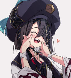 Rule 34 | 1girl, anger vein, angry, black hair, blush, closed eyes, crossed bangs, fate/grand order, fate (series), grey background, hair between eyes, hair over one eye, happy, hat, heart, highres, long sleeves, mole, mole under eye, open mouth, own hands together, simple background, squeezing cheeks, teeth, tongue, tongue out, upper body, upper teeth only, waira, xu fu (fate), yu mei-ren (fate), yu mei-ren (swimsuit lancer) (fate)