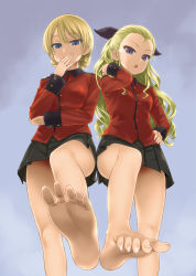 Rule 34 | 10s, 2girls, asanagi, assam (girls und panzer), bare legs, barefoot, blonde hair, blue eyes, braid, chestnut mouth, covering own mouth, darjeeling (girls und panzer), feet, fingernails, foot focus, from below, girls und panzer, hair slicked back, hand to own mouth, legs, long hair, looking at viewer, military, military uniform, multiple girls, open mouth, outstretched foot, pleated skirt, purple eyes, school uniform, shirt, short hair, skirt, soles, spread toes, toenails, toes, uniform, upskirt, very long hair