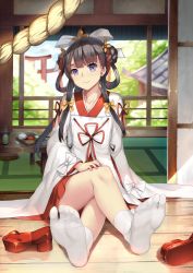 Rule 34 | 1girl, architecture, backlighting, bad id, bad pixiv id, bare legs, basket, blunt bangs, blurry, blurry background, bowl, closed mouth, collarbone, crossed legs, cup, drink, east asian architecture, feet, foreshortening, full body, geta, hair ribbon, hair rings, head tilt, highres, japanese clothes, liquid, long hair, long sleeves, looking at viewer, miko, musyne xsk, no shoes, open door, plant, purple eyes, railing, red ribbon, ribbon, see-through, shaonyu cofee gun, shoes, unworn shoes, sitting, sketch, sliding doors, smile, socks, soles, solo, steam, tabi, tatami, toes, torii, tree, white ribbon, white socks, wide sleeves, wooden floor