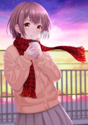 Rule 34 | absurdres, blurry, blurry background, brown coat, brown eyes, brown hair, chain-link fence, coat, drink, fence, highres, looking at viewer, original, outdoors, plaid, plaid scarf, pleated skirt, purple sky, red scarf, scarf, short hair, skirt, sky, solo, standing, telaform, twilight