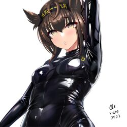 Rule 34 | 1girl, bodysuit, breasts, brown hair, hatsuzuki (kancolle), kantai collection, latex, latex bodysuit, medium breasts, parted lips, solo, tk8d32, upper body