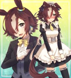 Rule 34 | 1girl, alternate costume, animal ears, black thighhighs, blush, bow, bowtie, brown eyes, brown hair, closed mouth, gloves, hair over one eye, highres, horse ears, horse girl, horse tail, kotobuki (momoko factory), long hair, looking at viewer, multicolored hair, necktie, open mouth, pout, smile, streaked hair, tail, thighhighs, twitter username, umamusume, vodka (umamusume), white gloves, white hair, yellow neckwear