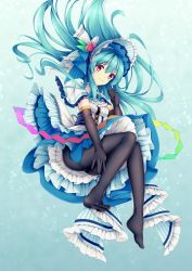 Rule 34 | 1girl, black gloves, black pantyhose, blue background, blue hair, capelet, closed mouth, elbow gloves, floating hair, frilled capelet, frills, full body, gloves, gradient background, hair between eyes, highres, hinanawi tenshi, layered skirt, long hair, mechrailgun, pantyhose, red eyes, skirt, solo, thighband pantyhose, touhou, very long hair, white capelet