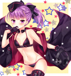 Rule 34 | 1girl, bare shoulders, bikini, biting, black bikini, black bow, black gloves, black hat, black jacket, black thighhighs, blush, bow, breasts, closed mouth, collarbone, commentary request, fate/grand order, fate (series), garrison cap, glove biting, gloves, groin, hair bow, hat, headphones, headphones removed, helena blavatsky (fate), helena blavatsky (swimsuit archer) (fate), helena blavatsky (swimsuit archer) (third ascension) (fate), holding, holding headphones, jacket, long hair, nogi takayoshi, open clothes, open jacket, ponytail, purple eyes, purple hair, sleeveless, sleeveless jacket, small breasts, smile, solo, star (symbol), swimsuit, thighhighs