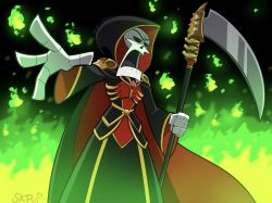 Rule 34 | 1boy, artist name, cloak, fire, green fire, grim (grim adventures), highres, holding, holding weapon, hood, hooded cloak, looking at viewer, male focus, open mouth, outstretched arm, scythe, skeleton, skp (calsinum), solo, the grim adventures of billy &amp; mandy, weapon