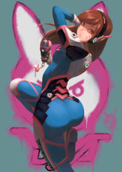 Rule 34 | 10s, 1girl, 2016, acronym, arm behind head, arm up, armor, ass, bad id, bad pixiv id, bodysuit, boots, bracer, breasts, brown eyes, brown hair, character name, charm (object), cowboy shot, d.va (overwatch), facepaint, facial mark, from behind, gloves, gun, hand up, handgun, headphones, highres, holding, holding gun, holding weapon, jhc kai, leg up, long hair, long sleeves, looking back, matching hair/eyes, overwatch, overwatch 1, parted lips, pauldrons, pilot suit, pointing, pointing at viewer, ribbed bodysuit, shoulder armor, shoulder pads, skin tight, small breasts, solo, standing, standing on one leg, swept bangs, thigh boots, thigh strap, thighhighs, turtleneck, weapon, whisker markings, white footwear, white gloves