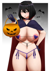 Rule 34 | 1girl, animal, areola slip, bat (animal), black hair, blue cape, blue choker, blue gloves, border, breasts, cape, choker, commentary, cowboy shot, fangs, glaring, gloves, hair between eyes, halloween bucket, hand on own hip, hand up, heart pasties, highres, huge breasts, mivioppai, multicolored hair, open mouth, original, outside border, panties, pasties, purple panties, red cape, red hair, scowl, short hair, solo, standing, streaked hair, thighs, thong, two-tone cape, underwear, white border, yellow eyes