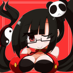 Rule 34 | 1girl, arc system works, black hair, blazblue, blazblue: calamity trigger, breasts, cleavage, glasses, lao jiu, litchi faye ling, long hair, one eye closed, red eyes, shirogane (platinum), side ponytail, smile, solo, wink, yin yang