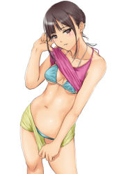 Rule 34 | 1girl, bikini, breasts, brown eyes, brown hair, clothes lift, clothes pull, collarbone, looking at viewer, medium breasts, muffin (sirumeria), navel, original, parted lips, shirt lift, short hair, shorts, shorts pull, simple background, solo, standing, swimsuit, tank top, white background