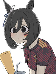 Rule 34 | 1girl, 2022 fifa world cup, absurdres, alternate costume, black eyes, black hair, cup, disposable cup, drawing on another&#039;s face, drink, drinking straw, ear scrunchie, eishin flash (umamusume), empty eyes, german flag, hair between eyes, highres, horse girl, nekomimi sukinosuke, scrunchie, short hair, simple background, soccer uniform, solo, sportswear, umamusume, upper body, white background, white scrunchie, world cup