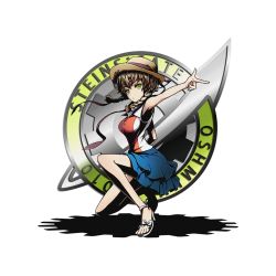 Rule 34 | 10s, 1girl, alpha transparency, amane suzuha, blue skirt, brown hair, copyright name, divine gate, full body, green eyes, hat, high heels, index finger raised, looking at viewer, official art, on one knee, outstretched arm, shadow, short hair with long locks, sidelocks, skirt, solo, steins;gate, straw hat, sun hat, sunaht, transparent background, ucmm