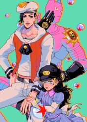 Rule 34 | 1boy, 1girl, absurdres, aged down, black hair, blue dress, blue eyes, brother and sister, bubble, child, collarbone, dress, groin, hand on own hip, hat, highres, holding own arm, jojo no kimyou na bouken, jojolion, kira yoshikage, kira yoshikage (jojolion), long hair, navel, nijimura kei, sailor, sailor hat, siblings, stand (jojo), star (symbol), striped clothes, striped dress, tariah furlow, time paradox, vest, wavy hair