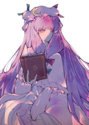 Rule 34 | 1girl, book, crescent, fingernails, frills, green ribbon, hair ribbon, hat, holding, holding book, long hair, open book, patchouli knowledge, purple eyes, purple hair, purple hat, red ribbon, ribbon, shru (ss sl99), simple background, solo, striped clothes, touhou, very long hair, white background