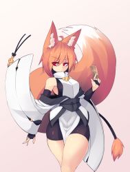 Rule 34 | 1girl, absurdres, animal ear fluff, animal ears, bare shoulders, closed mouth, cowboy shot, elbow gloves, eyes visible through hair, fingerless gloves, fox ears, fox tail, gloves, hair between eyes, highres, holding, japanese clothes, kimono, large tail, long sleeves, looking to the side, obi, off shoulder, ofuda, orange hair, original, pelvic curtain, pink background, red eyes, sash, short hair, simple background, solo, standing, sub-res, suzu (sub-res), tail, white kimono