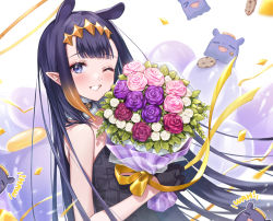 Rule 34 | 1girl, black gloves, blue eyes, blue hair, blunt bangs, bouquet, character name, clenched teeth, dark blue hair, flower, fur choker, gloves, headpiece, highres, holding, holding bouquet, hololive, hololive english, long hair, looking at viewer, mole, mole under eye, ninomae ina&#039;nis, one eye closed, pink flower, pointy ears, purple flower, ribbon, shiao, smile, solo, takodachi (ninomae ina&#039;nis), teeth, tentacle hair, upper body, virtual youtuber, white flower, yellow ribbon