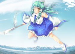 Rule 34 | 1girl, bad id, bad pixiv id, bare shoulders, cloud, detached sleeves, dress, female focus, flying, frog hair ornament, from above, gohei, green hair, hair ornament, hair tubes, kochiya sanae, long hair, looking at viewer, maki (seventh heaven maxion), motion blur, nature, oonusa, sky, smile, solo, touhou, yellow eyes