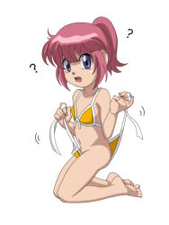 Rule 34 | 1girl, ?, absurdres, barefoot, bikini, blue eyes, feet, highres, kneeling, open mouth, pink hair, ponytail, rubbing, short hair, simple background, solo, swimsuit, toes, undressing, white background, yellow bikini