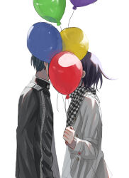 Rule 34 | 2boys, balloon, black hair, black jacket, buttons, checkered clothes, checkered scarf, clenched hand, danganronpa (series), danganronpa v3: killing harmony, flipped hair, from side, grey background, grey jacket, highres, holding, holding balloon, implied kiss, jacket, kasou (roomno404 ), long sleeves, male focus, multiple boys, oma kokichi, saihara shuichi, scarf, simple background, upper body