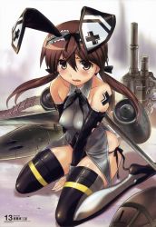 Rule 34 | 1girl, absurdres, aircraft, airplane, alternate costume, ammunition chute, animal ears, bare shoulders, belt-fed, black panties, black thighhighs, blush, breasts, brown eyes, brown hair, cross, detached sleeves, fake animal ears, germany, gertrud barkhorn, hairband, highres, iron cross, jet, juusensha koubou, long hair, low twintails, mecha musume, medium breasts, open mouth, panties, rabbit ears, ribbon, side-tie panties, sitting, skindentation, solo, strike witches, striker unit, sweatdrop, thighhighs, twintails, underwear, wariza, world witches series