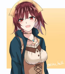 Rule 34 | 1girl, :d, atelier (series), atelier sophie, blue coat, breasts, coat, collarbone, corset, head scarf, jewelry, kinohal95, looking at viewer, medium breasts, necklace, open clothes, open coat, open mouth, purple hair, red eyes, smile, solo, sophie neuenmuller, twitter username