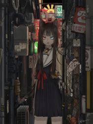 Rule 34 | 1girl, alley, animal ears, bell, black nails, blue eyes, brown hair, cat ears, cat girl, commentary request, cowboy shot, eveyeil, eyes visible through hair, fence, heterochromia, highres, industrial pipe, jacket, jingle bell, long hair, looking at viewer, nail polish, no smoking, original, outdoors, parted lips, red eyes, red ribbon, ribbon, school uniform, serafuku, sign, solo, standing