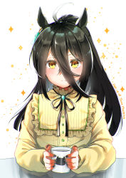 Rule 34 | 1girl, ahoge, animal ears, artist name, black hair, black ribbon, blush, buttons, closed mouth, cup, dated, earrings, frilled shirt collar, frills, frown, hair between eyes, highres, holding, holding cup, horse ears, jewelry, long hair, long sleeves, looking at viewer, manhattan cafe (umamusume), mochiko tsuru, neck ribbon, ponytail, ribbon, shirt, single earring, solo, table, umamusume, upper body, white background, yellow eyes, yellow shirt