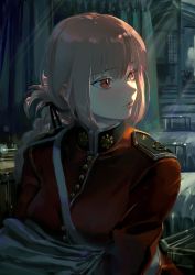 Rule 34 | blush, braid, epaulettes, fate/grand order, fate (series), florence nightingale (fate), hair between eyes, highres, looking to the side, military, military uniform, pink hair, red eyes, single braid, solo, taro-k, uniform, upper body