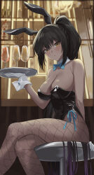Rule 34 | 1girl, absurdres, animal ears, arm behind back, black hair, blue archive, blue bow, blue bowtie, bow, bowtie, breasts, cleavage, closed mouth, commentary, crossed legs, cup, dark-skinned female, dark skin, detached collar, drinking glass, fake animal ears, feet out of frame, fishnet pantyhose, fishnets, gradient hair, hand up, high ponytail, highleg, highleg leotard, highres, holding, holding tray, indoors, karin (blue archive), karin (bunny) (blue archive), large breasts, latex, latex leotard, leotard, long hair, looking at viewer, looking down, multicolored hair, official alternate costume, on chair, pantyhose, playboy bunny, ponytail, purple hair, rabbit ears, sitting, solo, strapless, strapless leotard, traditional bowtie, tray, very long hair, wine glass, wrist cuffs, xu wen (bbb2822828), yellow eyes