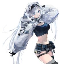 Rule 34 | 1girl, animal ears, arknights, arm up, aurora (arknights), aurora (elite ii) (arknights), bear ears, belt, black gloves, black hairband, black shirt, blue eyes, breasts, commentary, cowboy shot, crop top, gloves, grey shorts, hair over one eye, hairband, highres, koyu (ctsa2278), large breasts, long hair, long sleeves, looking at viewer, midriff, navel, parted lips, pouch, shirt, short shorts, shorts, shrug (clothing), simple background, solo, stomach, thigh strap, thighs, very long hair, white background, white hair