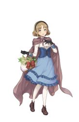Rule 34 | 1girl, :o, basket, black gloves, blue dress, blue eyes, blush, bow, brown cape, brown footwear, brown hair, cape, dress, flower basket, frilled dress, frills, full body, gloves, hairband, hand up, highres, looking at viewer, maria florence, medium hair, official art, parted bangs, princess principal, princess principal game of mission, red bow, shoes, solo, transparent background, white legwear