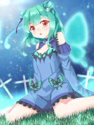 Rule 34 | 1girl, :o, bare shoulders, blue dress, blue sleeves, blush, bow, breasts, brown eyes, bug, butterfly, detached sleeves, double bun, dress, dress bow, frilled dress, frills, fuyuki8208, green hair, hair bun, hair ornament, highres, hololive, insect, juliet sleeves, long sleeves, on grass, open mouth, puffy sleeves, sitting, skull hair ornament, sleeveless, sleeveless dress, small breasts, solo, uruha rushia, uruha rushia (1st costume), virtual youtuber, wariza