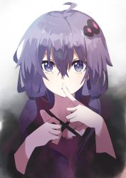 Rule 34 | 1girl, absurdres, ahoge, black jacket, collarbone, commentary, criss-cross halter, dress, finger to mouth, hair ornament, halterneck, highres, jacket, kashisuover, looking at viewer, parted lips, purple dress, purple eyes, purple hair, shushing, sidelocks, solo, upper body, vocaloid, voiceroid, yuzuki yukari
