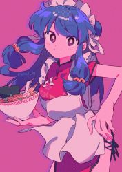 Rule 34 | 1girl, bell, blue hair, blush, breasts, chinese clothes, closed mouth, food, highres, jingle bell, menma (enaic31), noodles, pink background, purple eyes, ramen, ranma 1/2, shampoo (ranma 1/2), simple background, small breasts, smile, solo, standing, twitter username, waitress