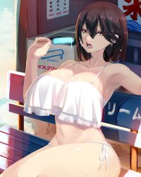 Rule 34 | 1girl, armpits, bare shoulders, bench, bikini, black hair, breasts, cleavage, food, highres, large breasts, looking at viewer, medium hair, navel, open mouth, original, popsicle, shiki (psychedelic g2), sitting, solo, swimsuit, teeth, wet, white bikini, yellow eyes