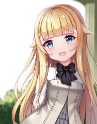 Rule 34 | 1girl, :d, arms behind back, black bow, blonde hair, blunt bangs, bow, day, dress, frills, highres, long hair, looking at viewer, open mouth, outdoors, princess (princess principal), princess principal, smile, solo, standing, very long hair, ylpz 23