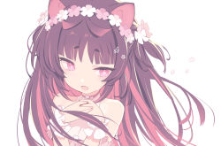 Rule 34 | 1girl, :d, animal ears, bare shoulders, black hair, blade (galaxist), cat ears, commentary request, fang, flower, flower-shaped pupils, hair flower, hair ornament, hands up, long hair, multicolored hair, nekoyama nae, open mouth, own hands together, pink flower, purple eyes, red hair, romaji commentary, shirt, short eyebrows, simple background, sleeveless, sleeveless shirt, smile, solo, symbol-shaped pupils, thick eyebrows, toranoana, two-tone hair, two side up, virtual youtuber, white background, white flower, white shirt, wrist cuffs