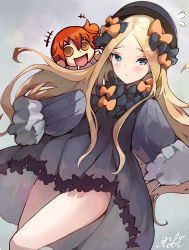 Rule 34 | +++, 2girls, :c, :d, abigail williams (fate), absurdres, black bow, black dress, black hat, blonde hair, blue eyes, blush, bow, brown eyes, bug, butterfly, chibi, closed mouth, commentary request, dress, fate/grand order, fate (series), flying sweatdrops, fujimaru ritsuka (female), hair bow, hands in opposite sleeves, hat, highres, insect, kobi (piliheros2000), long hair, long sleeves, looking at viewer, multiple girls, open mouth, orange bow, orange hair, parted bangs, riyo (lyomsnpmp) (style), signature, smile, very long hair