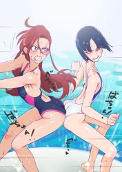 Rule 34 | 2girls, anger vein, ass, ass-to-ass, ass press, black hair, clenched teeth, competition swimsuit, hip attack, keijo!!!!!!!!, long hair, multiple girls, muramura hito, one-piece swimsuit, parody, precure, purple eyes, red hair, shiratori yuriko, short hair, swimsuit, takizawa asuka, teeth, tropical-rouge! precure
