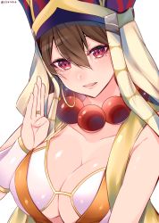 Rule 34 | 1girl, bad id, bad pixiv id, beads, black hair, blush, breasts, cleavage, earrings, fate/grand order, fate (series), hair between eyes, hat, jewelry, large breasts, long hair, looking at viewer, necklace, prayer beads, shisei (kyuushoku banchou), smile, solo, twitter username, xuangzang sanzang (fate)