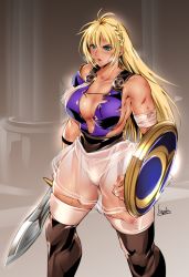 Rule 34 | 1girl, bandaged arm, bandages, black footwear, blonde hair, boots, bowalia, breasts, cuts, green eyes, heavy breathing, holding, holding shield, holding sword, holding weapon, injury, large breasts, laurel crown, long hair, muscular, muscular female, no bra, pauldrons, see-through, see-through skirt, shield, shoulder armor, sideboob, single pauldron, skirt, solo, sophitia alexandra, soul calibur, standing, sword, thick thighs, thigh boots, thighhighs, thighs, torn clothes, weapon