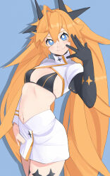 Rule 34 | 1girl, :3, ahoge, bikini, bikini top only, black bikini, black gloves, blonde hair, blue background, blue eyes, blush, clear (djmax), closed mouth, commentary, djmax, djmax respect, elbow gloves, english commentary, gloves, hair between eyes, hair ornament, hand on own hip, highres, long hair, looking at viewer, maishtar colo, navel, shadow, simple background, single glove, skirt, smile, solo, star (symbol), swimsuit, twintails, very long hair, white skirt