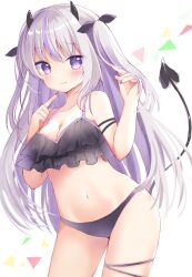 Rule 34 | 1girl, arm ribbon, bare shoulders, bikini, black bikini, black horns, blush, breasts, cleavage, closed mouth, colored inner hair, contrapposto, cowboy shot, demon girl, demon horns, demon tail, fang, finger to mouth, frilled bikini, frills, grey hair, hair lift, hamico, hand in own hair, hands up, horns, index finger raised, leaning to the side, leg ribbon, long hair, looking at viewer, medium breasts, multicolored hair, nail polish, navel, original, purple eyes, purple hair, purple nails, raised eyebrow, ribbon, seductive smile, small horns, smile, solo, straight hair, streaked hair, swimsuit, tail, tail raised, thigh ribbon, two side up, white background