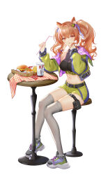Rule 34 | 1girl, absurdres, alternate costume, angelina (arknights), animal ears, arknights, belt, black belt, black shirt, brown eyes, brown hair, burger, commentary request, crop top, cup, disposable cup, drinking straw, food, fox ears, grey thighhighs, highres, huangbanmimi, jacket, kfc, long hair, looking at viewer, midriff, navel, off shoulder, open clothes, open jacket, shirt, shoes, short shorts, shorts, simple background, single bare shoulder, sitting, sneakers, solo, stomach, table, thighhighs, thighs, twintails, white background, yellow jacket, yellow shorts
