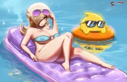 Rule 34 | 1boy, 1girl, absurdres, adjusting eyewear, awesomeerix, bikini, blonde hair, bottomless, breasts, cleavage, covered erect nipples, earrings, hair over one eye, highres, impossible clothes, impossible swimsuit, inflatable raft, innertube, jewelry, large breasts, looking at viewer, luma (mario), lying, mario (series), nintendo, on back, reclining, rosalina, star (symbol), star earrings, sunglasses, super mario galaxy, swim ring, swimsuit, water
