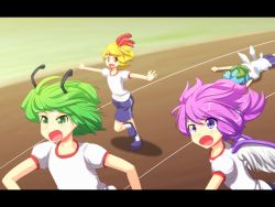Rule 34 | 4girls, alternate costume, antennae, bird wings, blonde hair, blue hair, bow, cato (monocatienus), cirno, contemporary, faceplant, grass, green eyes, green hair, gym shorts, hair bow, hair ribbon, kneehighs, letterboxed, lying, multiple girls, mystia lorelei, on stomach, open mouth, outstretched arms, pink hair, purple eyes, racetrack, racing, red eyes, ribbon, rumia, running track, short hair, short sleeves, shorts, socks, spread arms, sweatband, team 9 (touhou), touhou, track and field, tsurime, white legwear, wings, wriggle nightbug, yellow eyes