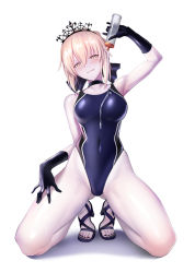 Rule 34 | 1girl, artoria pendragon (all), artoria pendragon (alter swimsuit rider) (fate), artoria pendragon (alter swimsuit rider) (third ascension) (fate), artoria pendragon (fate), bare legs, black gloves, black nails, blonde hair, blue ribbon, bottle, breasts, choker, commentary request, competition swimsuit, covered navel, fate/grand order, fate (series), full body, gloves, gluteal fold, hair between eyes, hair ribbon, hand up, head tilt, high heels, highleg, highleg swimsuit, highres, holding, looking at viewer, lotion, medium breasts, nail polish, one-piece swimsuit, ribbon, saber (fate), saber (summer battle clothes) (fate), saber alter, sandals, simple background, smile, solo, swimsuit, tiara, toenail polish, toenails, ulrich (tagaragakuin), white background, yellow eyes