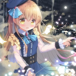 Rule 34 | 1girl, bad id, bad pixiv id, blonde hair, blue dress, blue neckwear, brooch, character request, cityscape, cloud, collared dress, collared shirt, commentary request, dairoku ryouhei, dress, fang, full moon, hair between eyes, holding, jewelry, long hair, long sleeves, looking at viewer, moon, night, night sky, parted lips, pleated dress, satsuki yukimi, shirt, sky, sleeves past wrists, solo, star (sky), starry sky, very long hair, white shirt, yellow eyes