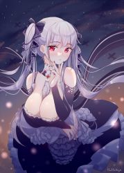 Rule 34 | 1girl, artist name, azur lane, between breasts, black dress, black nails, breasts, cleavage, dress, flight deck, formidable (azur lane), frilled dress, frills, grey hair, hair ribbon, highres, lacieon, large breasts, long hair, looking at viewer, nail polish, red eyes, ribbon, solo, twintails, two-tone dress, two-tone ribbon, very long hair