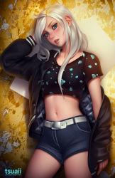 Rule 34 | 1girl, alanna (amelion), artist name, black bra, black jacket, black shirt, blue eyes, blue shorts, bra, commentary, contrapposto, crop top, english commentary, head tilt, jacket, jacket on shoulders, lips, long sleeves, looking at viewer, navel, original, parted lips, patreon username, see-through, shirt, short sleeves, shorts, solo, stomach, tsuaii, underwear, watermark, web address, white hair